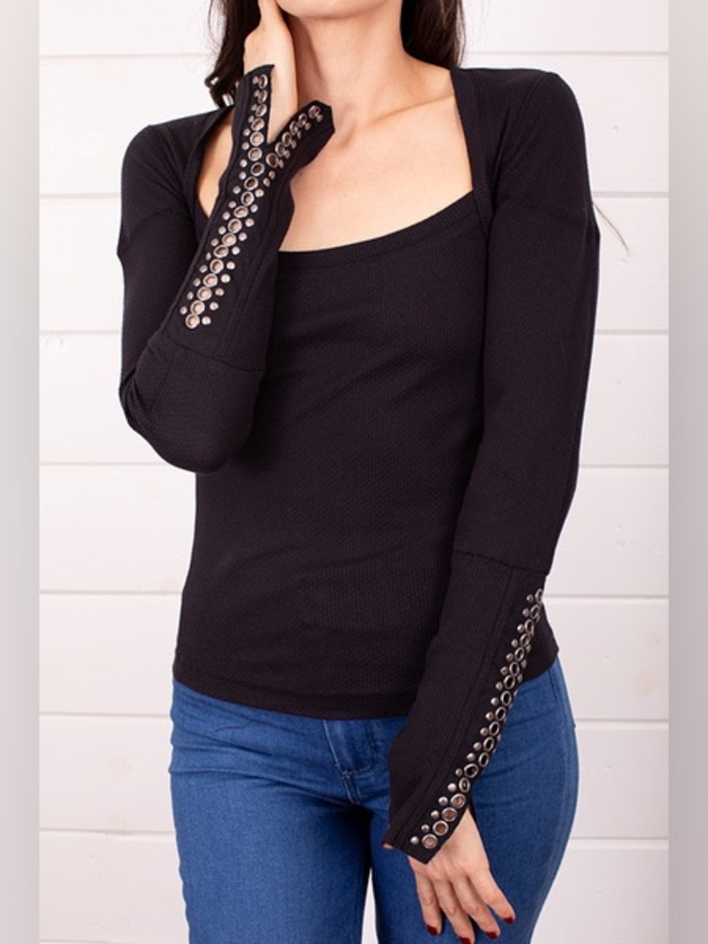 Free People A Little Unruly Black Waffle Stud Long Sleeve Ribbed Top Shirt L - Picture 8 of 15